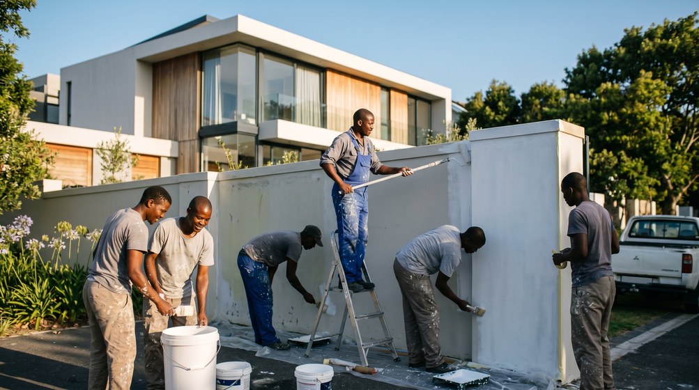 Professional team painting a boundary wall at a modern home in Ballito