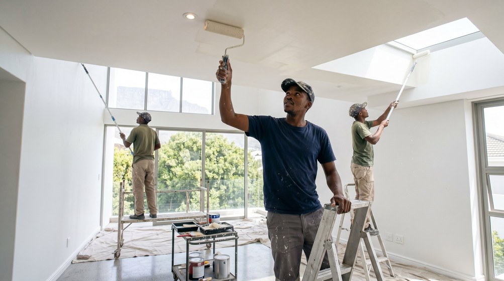 Professional ceiling painters rolling white paint onto a high ceiling in Ballito