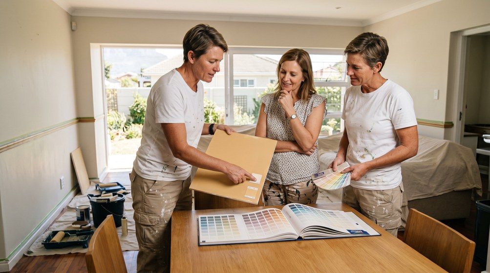 Professional colour consultant showing paint swatches to a homeowner in Ballito