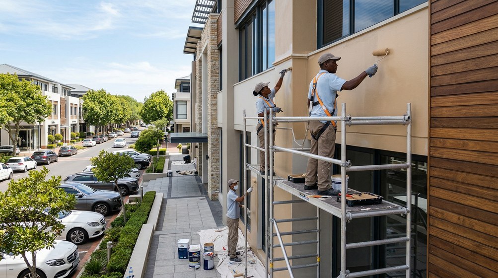 Professional commercial painters on scaffolding painting a building on the Ballito
