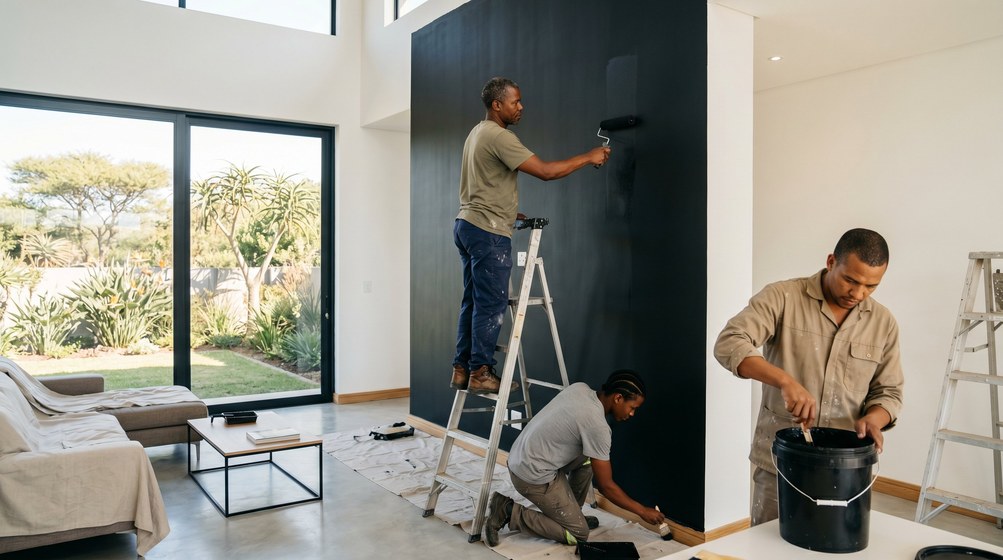 Professional painters creating a bold black feature wall in a modern Ballito home