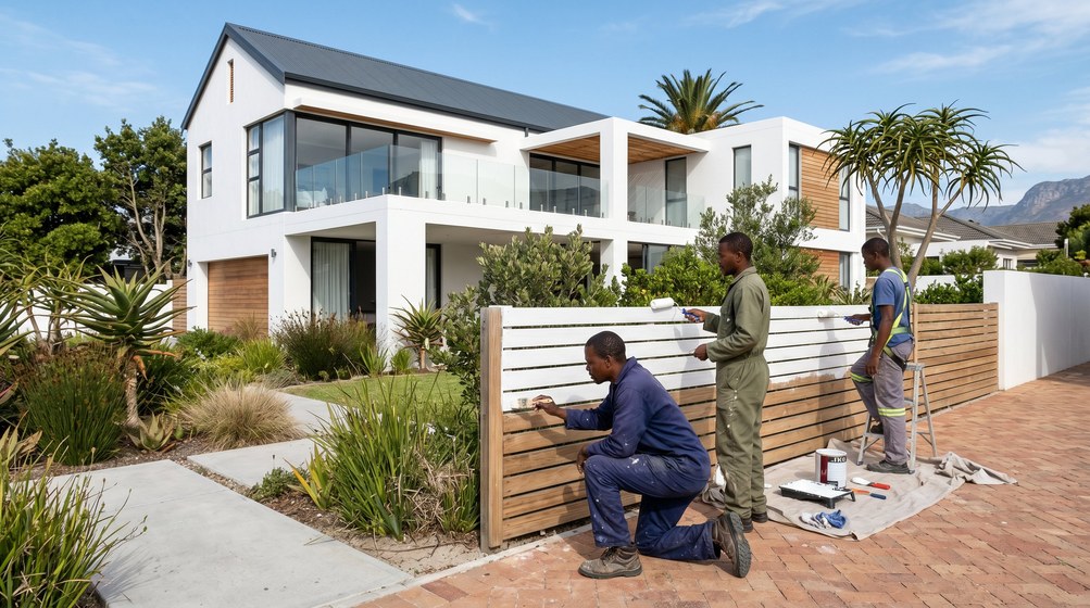 Professional fence painters painting a wooden fence at a Ballito home in Ballito