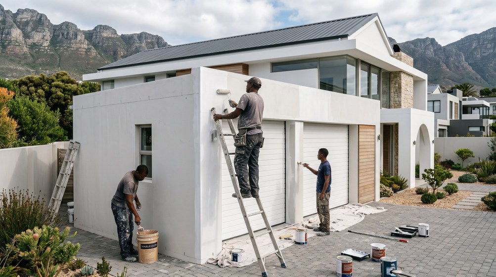 Professional painters painting a double garage exterior and garage doors in Ballito
