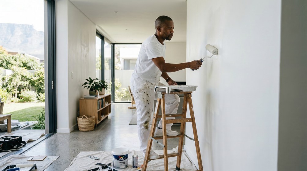 Professional interior painter in Ballito painting walls with a roller