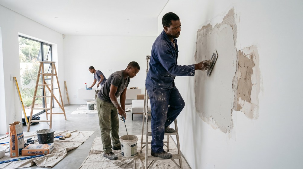 Professional plaster repair team skim coating damaged walls in Ballito