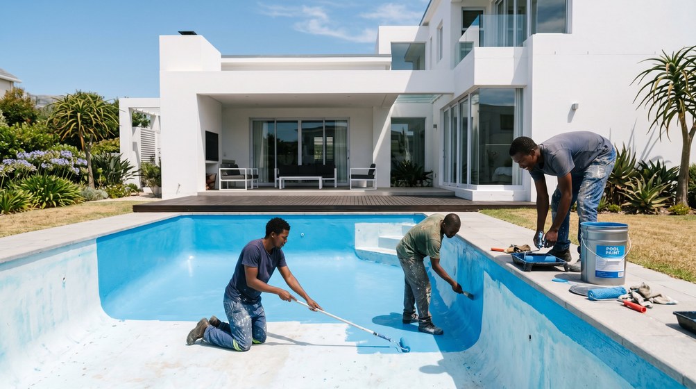 Professional pool painters applying blue pool paint to a swimming pool in Ballito