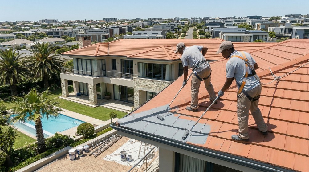 Professional roof painters applying waterproof coating to tiled roof in Ballito
