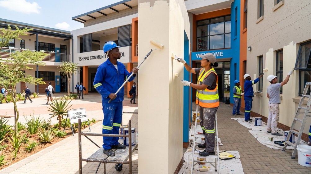 Professional school painting team painting a community school on the Ballito