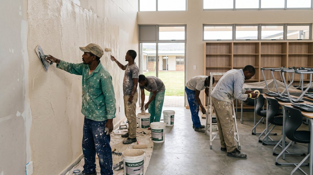 Professional texture coating team applying Texturcoat to interior walls in Ballito