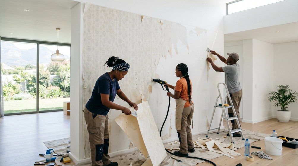 Professional wallpaper removal team stripping old wallpaper in a Ballito home