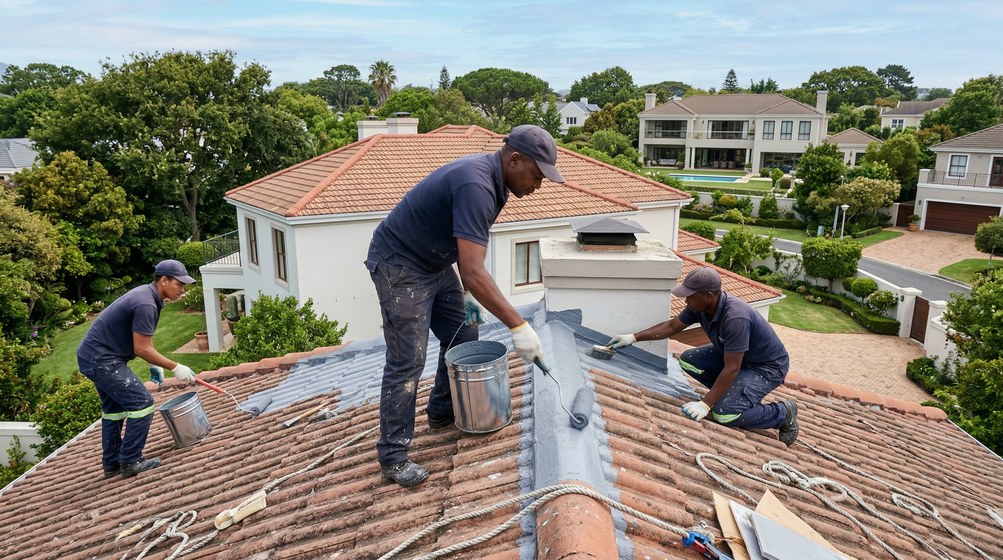 Professional waterproofing team applying membrane to roof in Ballito