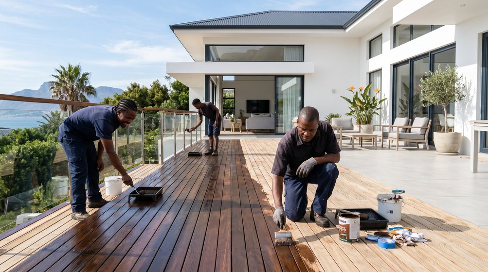 Professional wood staining team applying deck stain overlooking the ocean in Ballito